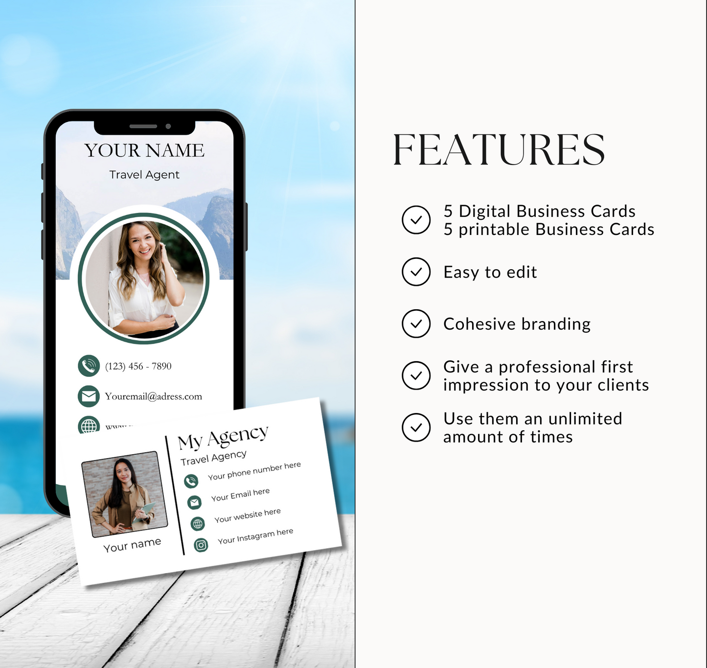 Travel Agent Business Card Template Bundle – 5 Digital & 5 Printable Designs